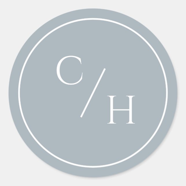 Dusty Blue and White Round With 2 Initials Classic Round Sticker (Front)