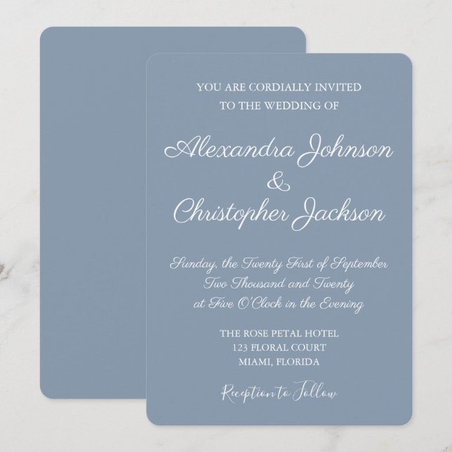 Dusty Blue and White Simple Wedding Invitation (Front/Back)