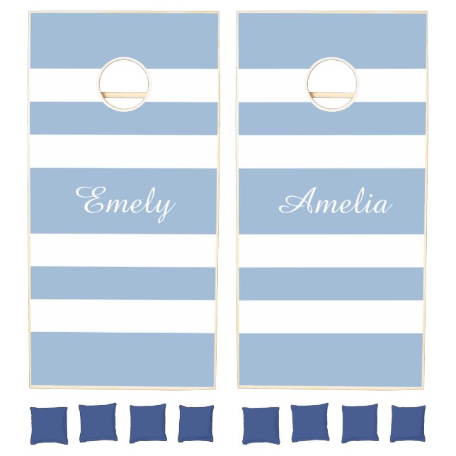Dusty Blue And White Striped Pattern Name Cornhole Set (Set)