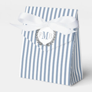 Dusty blue and white stripes monogram wedding favor boxes
