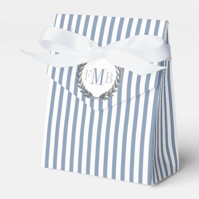 Dusty blue and white stripes monogram wedding favor boxes (Front Side)