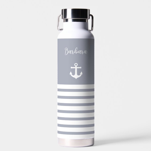 Dusty Blue and White Stripes Nautical Personalized Water Bottle (Front)