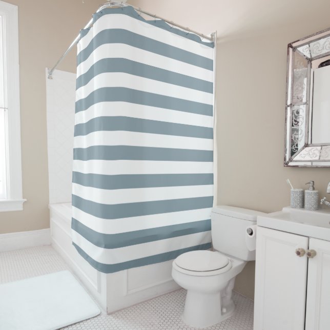 Dusty Blue and White Stripes Shower Curtain (In Situ)