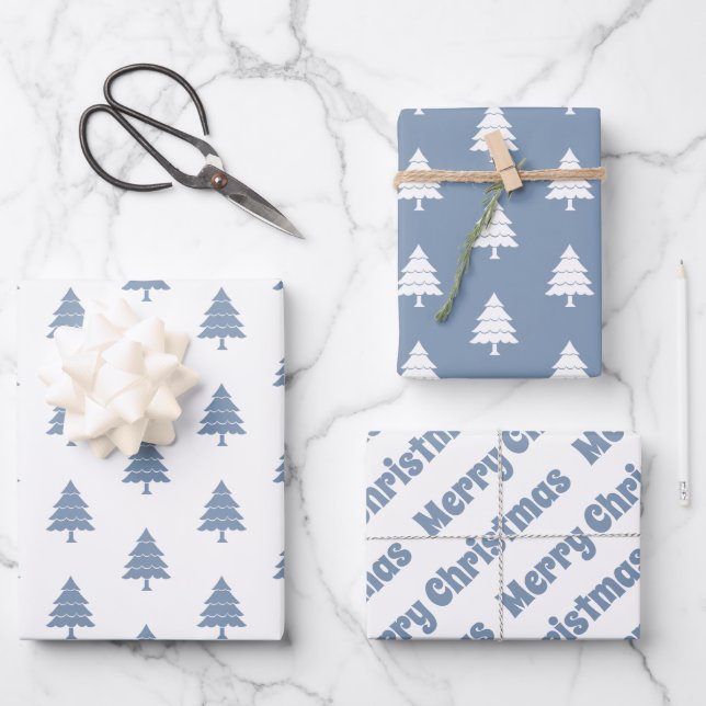 Dusty blue and white trees Merry Christmas holiday Wrapping Paper Sheets (Front)