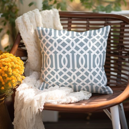 Dusty Blue and White Trellis Pattern Outdoor Pillow