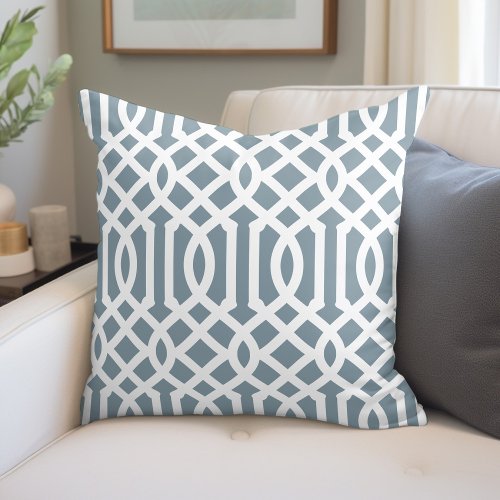 Dusty Blue and White Trellis Pattern Throw Pillow