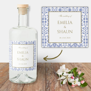 Dusty Blue and White Vintage-style Patterned Liquor Bottle Label