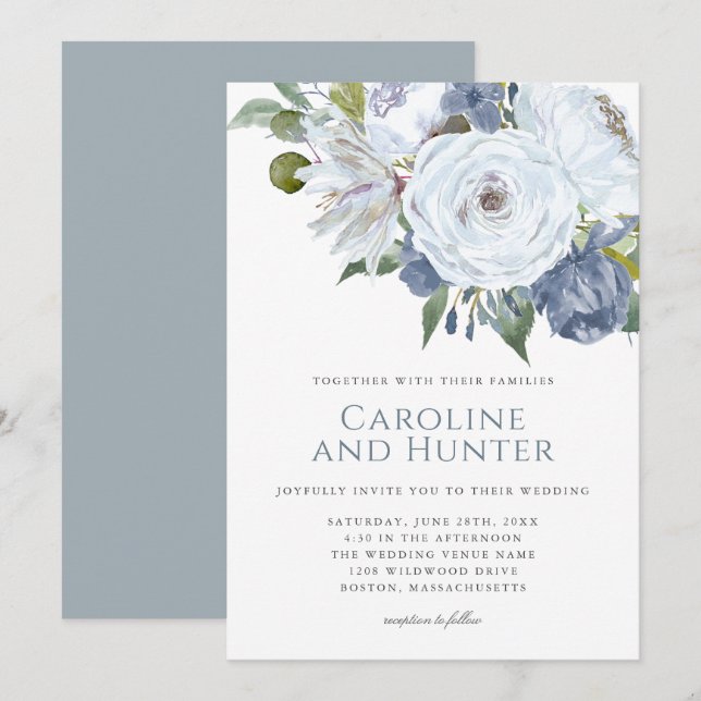 Dusty Blue and White Watercolor Floral Wedding Invitation (Front/Back)