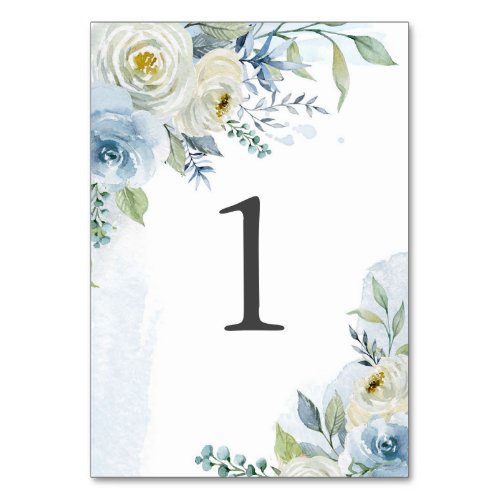 Dusty Blue and White Watercolor Flowers Wedding Table Number