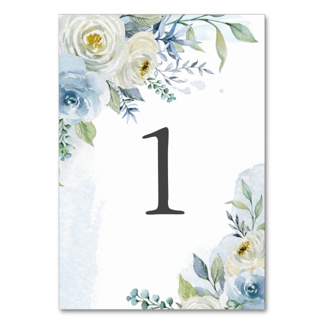 Dusty Blue and White Watercolor Flowers Wedding Table Number (Front)