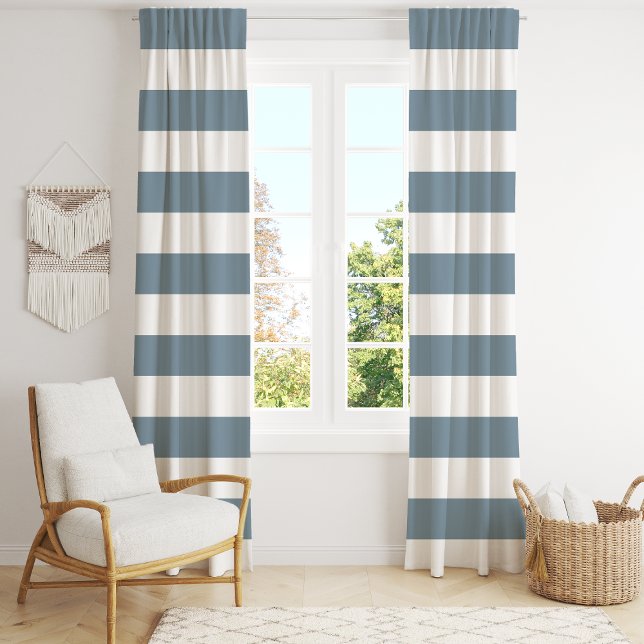 Dusty Blue And White Wide Horizontal Stripe  Blackout Curtains (Creator Uploaded)