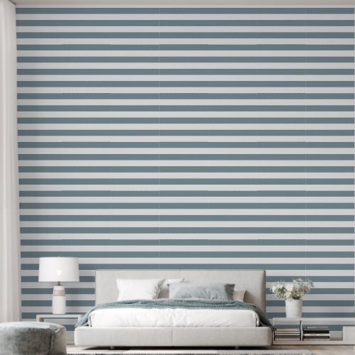 Dusty Blue and White Wide Horizontal Stripes Wallpaper