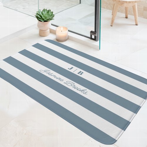 Dusty Blue And White Wide Stripes Monogram Name Bath Mat