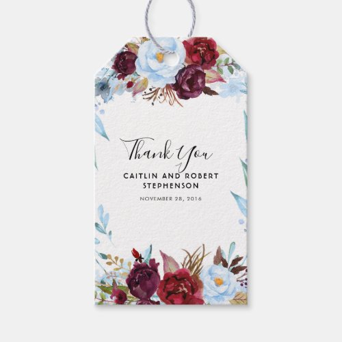 Dusty Blue and Wine Red Watercolor Flowers Elegant Gift Tags