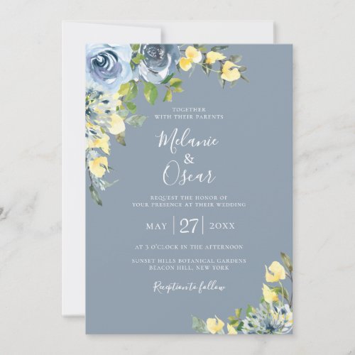Dusty Blue and Yellow Botanical Floral Wedding Invitation