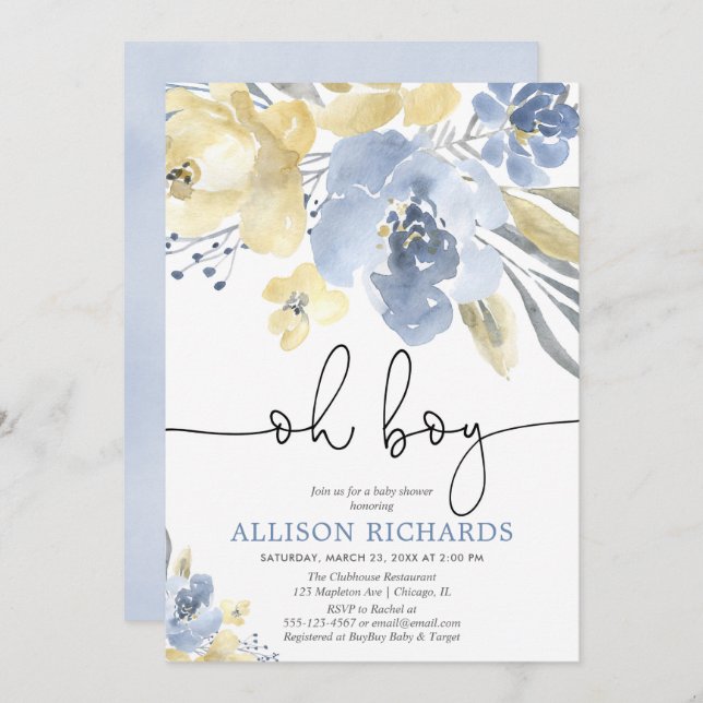Dusty blue and yellow floral boy baby shower invitation (Front/Back)