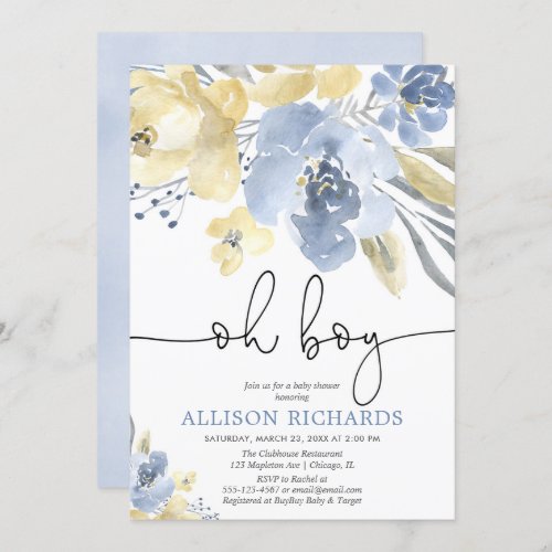 Dusty blue and yellow floral boy baby shower invitation