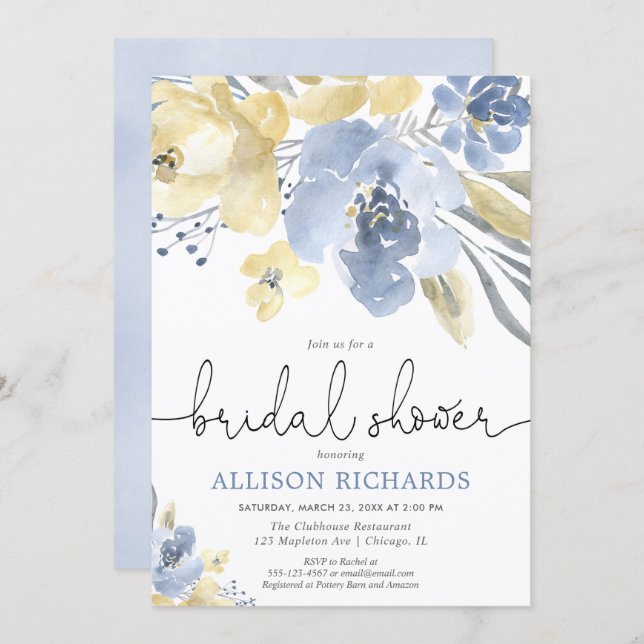 Dusty blue and yellow floral bridal shower invitation (Front/Back)