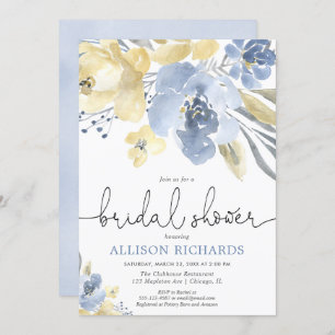 Dusty blue and yellow floral bridal shower invitation