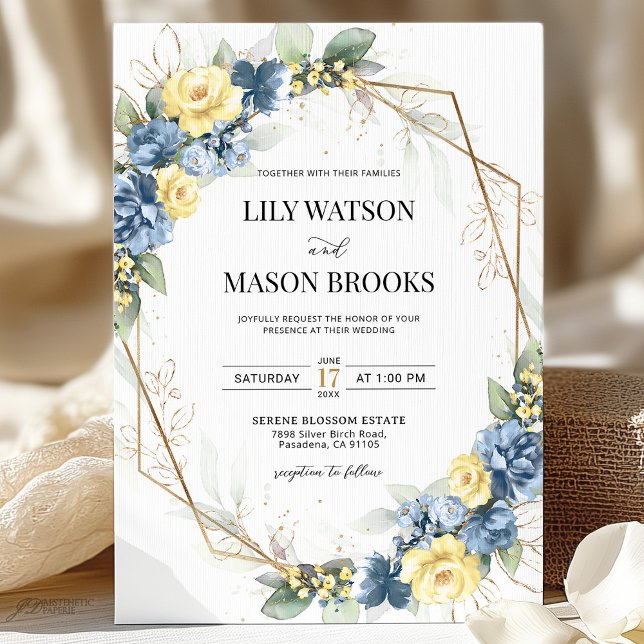 Dusty Blue and Yellow Floral Gold Frame Wedding  Invitation (Creator Uploaded)