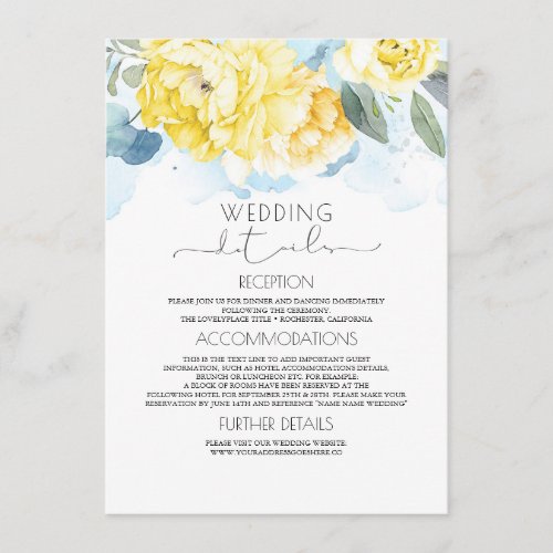 Dusty Blue and Yellow Floral Wedding Information Enclosure Card