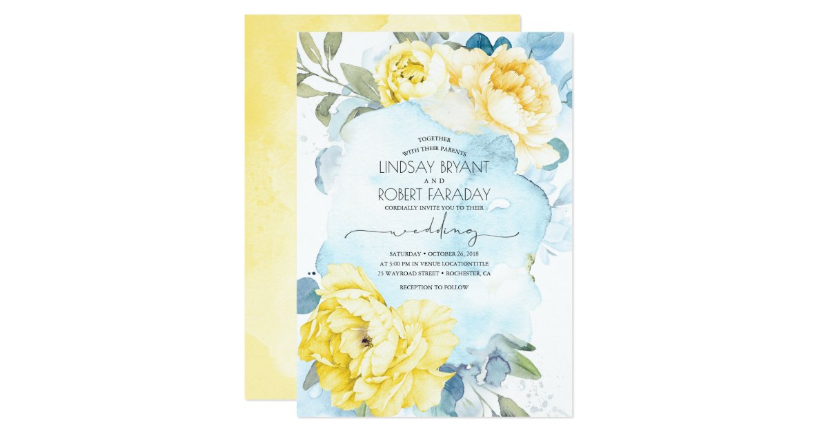 Dusty Blue and Yellow Floral Wedding Invitation