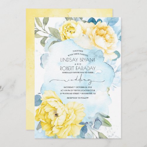 Dusty Blue and Yellow Floral Wedding Invitation