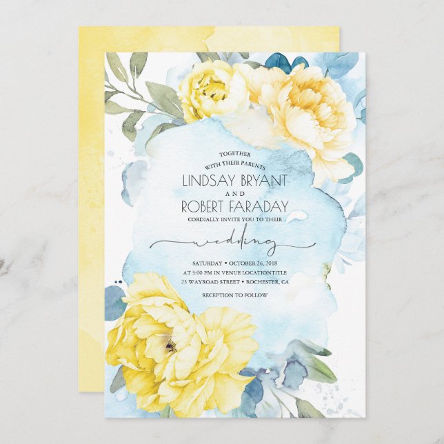 Dusty Blue and Yellow Floral Wedding Invitation (Front/Back)
