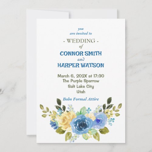  Dusty Blue and Yellow Floral Wedding Invitation
