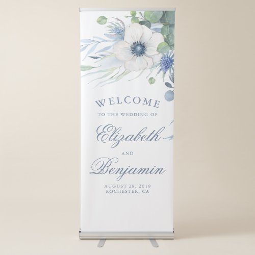 Dusty Blue Anemone and Greenery Wedding Welcome Retractable Banner