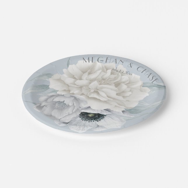Dusty Blue Anemone Cream Peony Floral Paper Plates (Angled)
