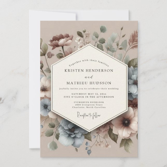 Dusty Blue Antique Floral Wedding Invitation (Front)
