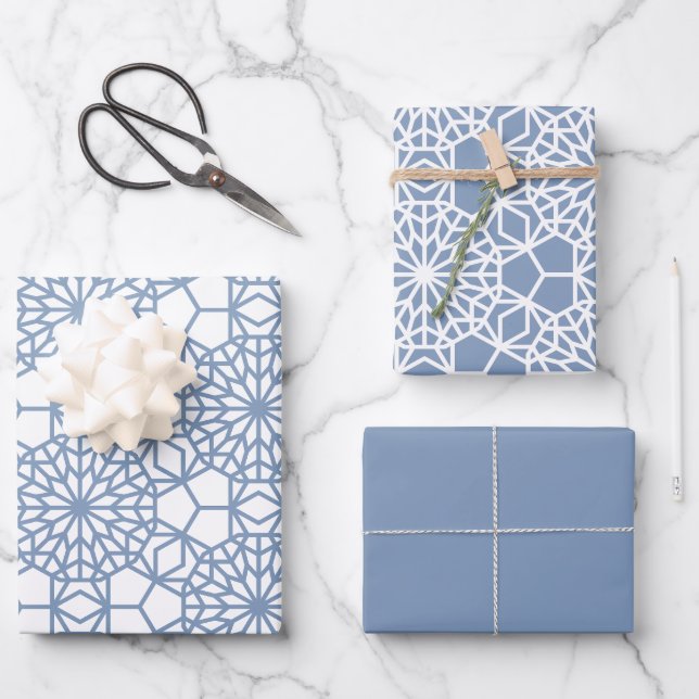 Dusty Blue Arabesque Geometric Pattern Wrapping Paper Sheets (Front)