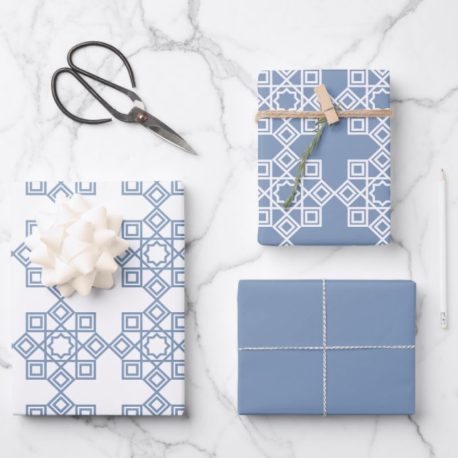 Dusty Blue Arabesque Geometric Pattern Wrapping Paper Sheets (Front)