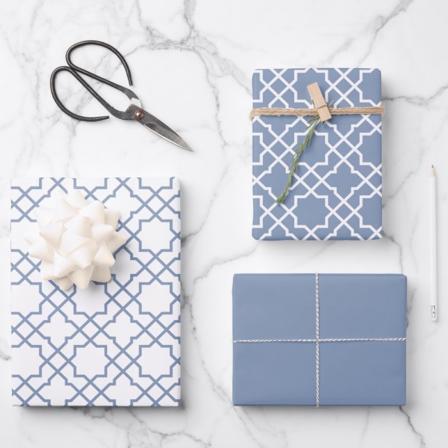 Dusty Blue Arabesque Pattern Gift Wrapping Paper (Front)