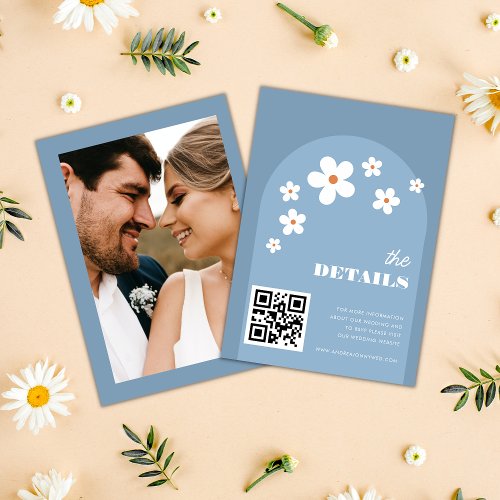 Dusty Blue Arch  Daisy QR Code Wedding Details Enclosure Card