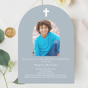 Dusty blue arch photo boy First Holy Communion Invitation