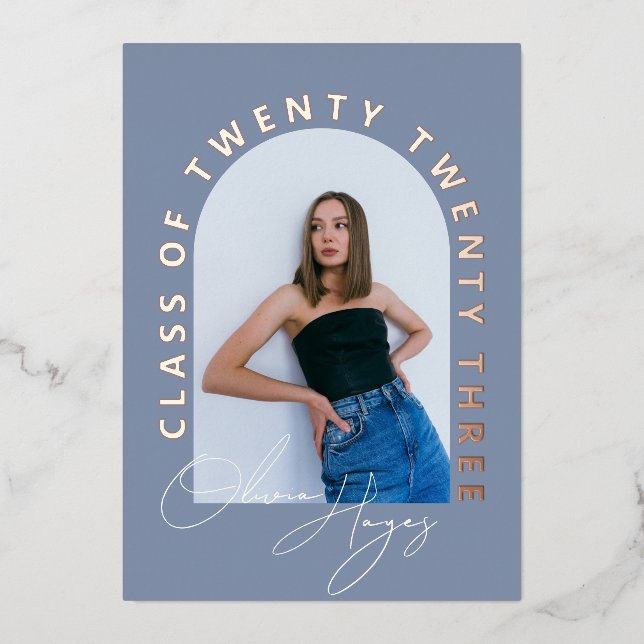 Dusty Blue Arch Photo Graduation Foil Invitation (Front)