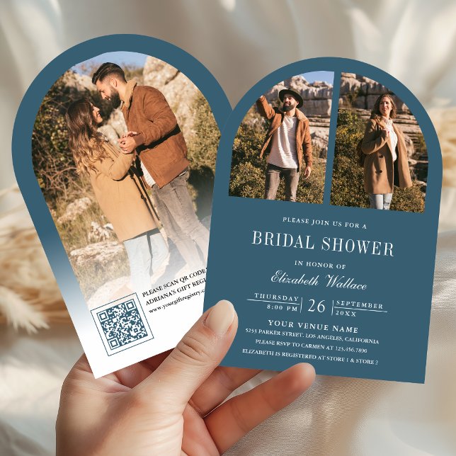 Dusty Blue Arch Photo QR Code Bridal Shower Invitation (Creator Uploaded)