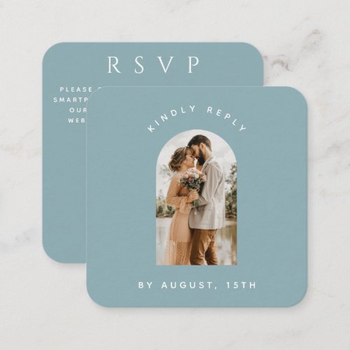 Dusty Blue Arch Photo QR Code Online Wedding RSVP Enclosure Card