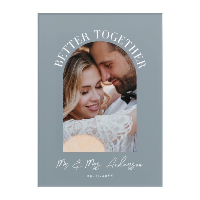 Dusty blue arch photo wedding announcement gift acrylic print (Front)