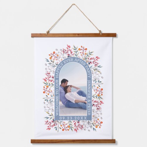 Dusty blue arch with berries and leaves border hanging tapestry