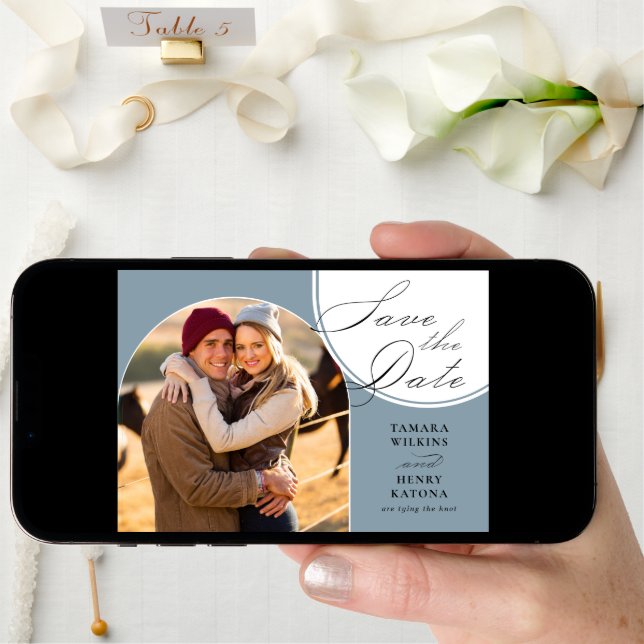 Dusty Blue Arched Photo Wedding Calligraphy Save The Date (Front Digital)