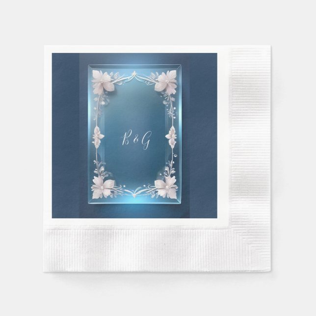 dusty blue art deco ornate frame wedding  napkins (Front)