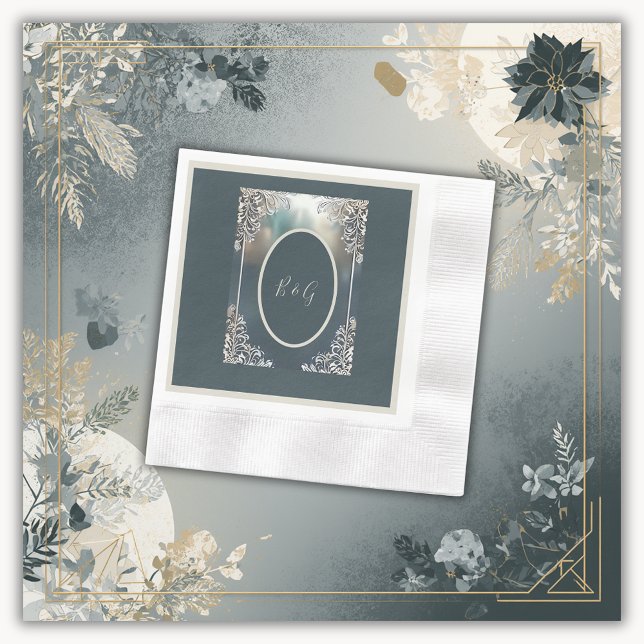 dusty blue art deco ornate frame wedding  napkins (Creator Uploaded)