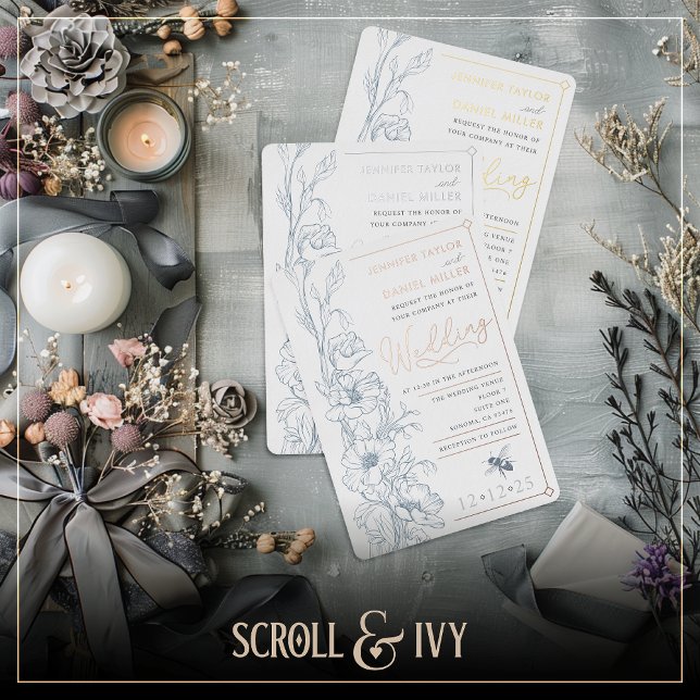 Dusty Blue Art Deco Wildflower Wedding Invitation Foil Invitation (Creator Uploaded)