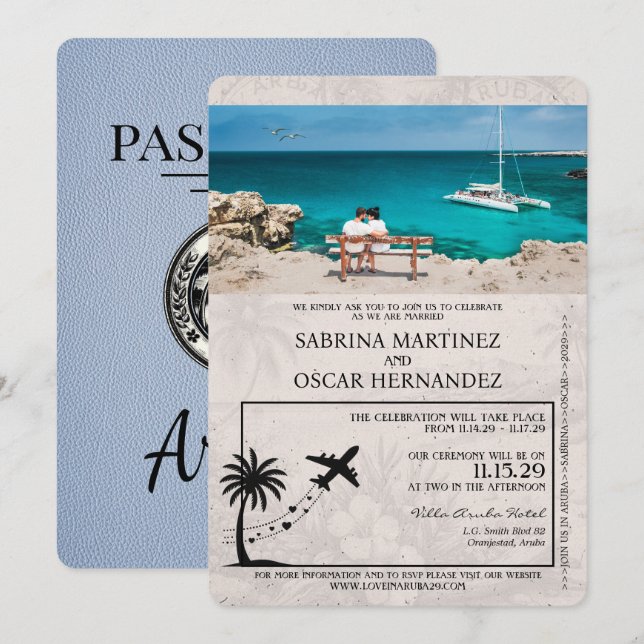 Dusty Blue Aruba Passport Wedding Invitation (Front/Back)