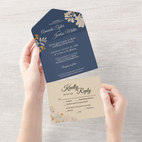 Dusty Blue Autumn Boho Wedding All In One Invitation