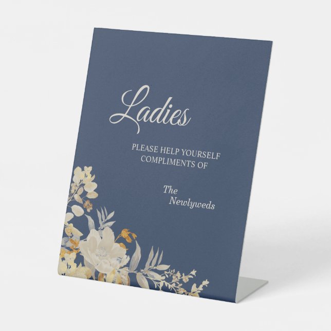 Dusty Blue Autumn Boho Wedding Ladies Bathroom Pedestal Sign (Front)
