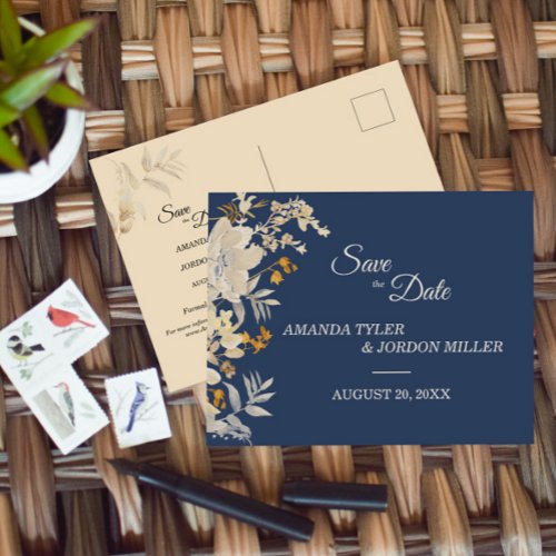 Dusty Blue Autumn Boho Wedding Save the Date Announcement Postcard